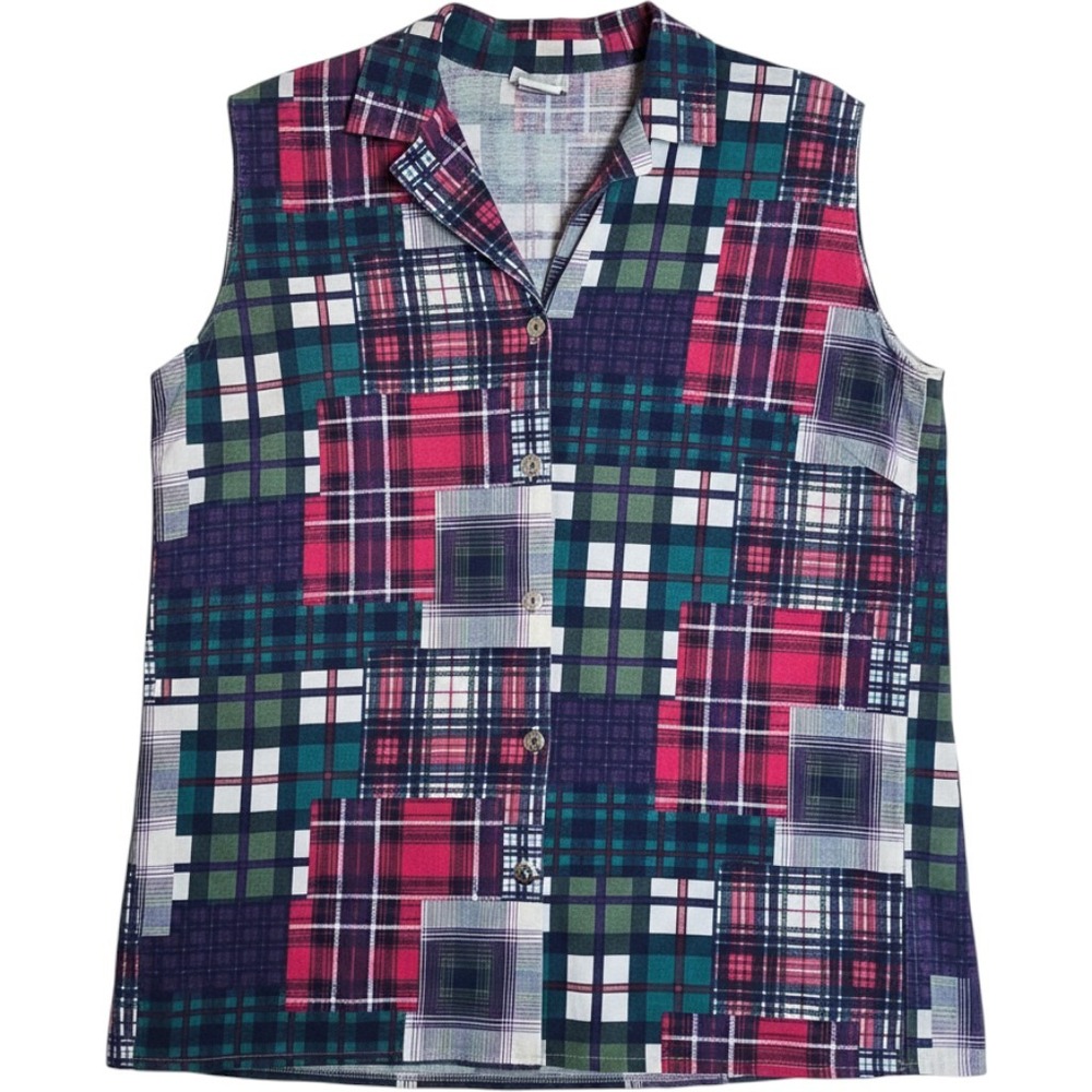 Backroad Blues Womens Large Patchwork Plaid Sleeveless grunge top 90s vintage